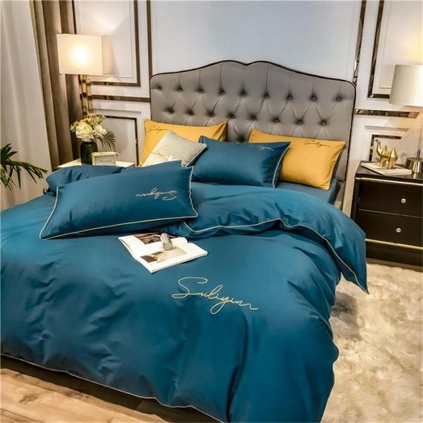 

bedding sets 100% cotton blue set luxury high-end embroidery solid color 3/4 piece soft breathable comforter covers