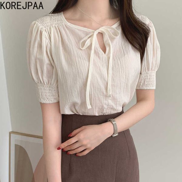 

korejpaa women shirt summer korean temperament round neck tie bowknot hollow design loose solid color puff sleeve blouses 210526, White