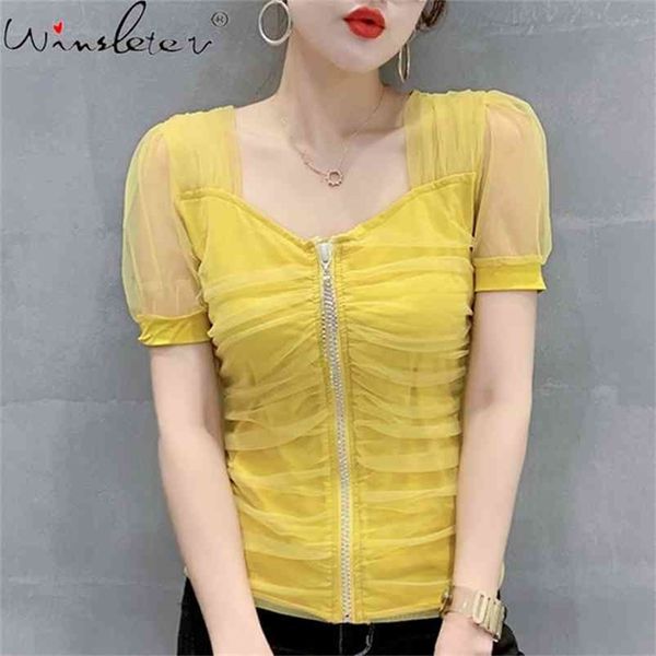 

summer korean clothes t-shirt fashion patchwork mesh transparent zipper women short sleeve slim tees t12828a 210421, White