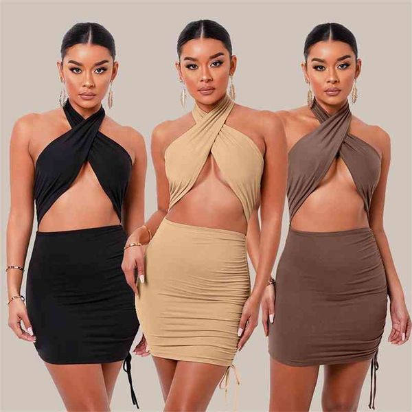 

halter hollow out mini dess summer women fashion solid sleeveless drawstring pleated package hip bodycon dresses ladies 210522, Black;gray