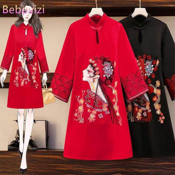 

plus size l-5xl fashion black red fall embroidery trend modern cheongsam dress for women qipao traditional chinese clothes ethnic clothing