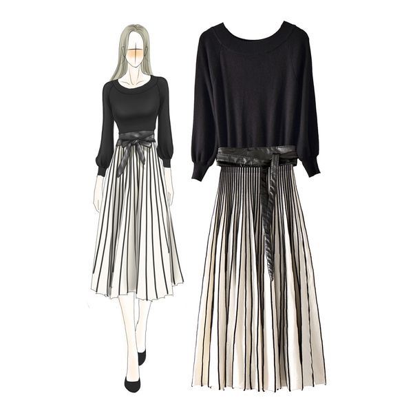 

casual dresses fall autumn black 4/5 sleeve round neck contrast color knitted panelled belted mid-calf fashion dress & o15982105 y8v7, Black;gray