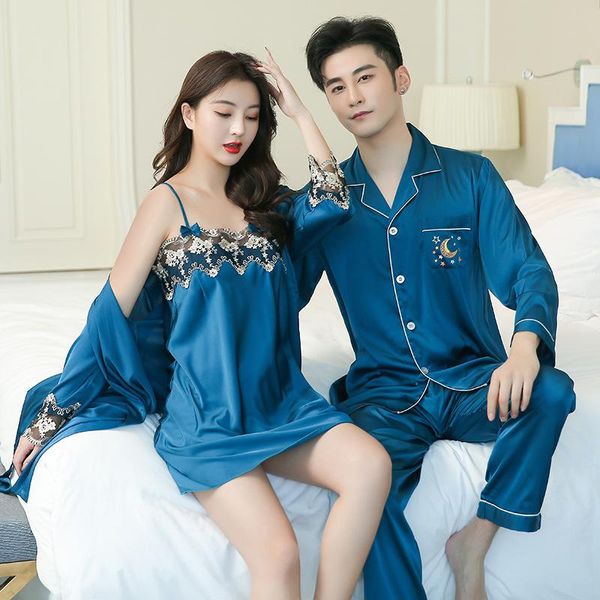 

women's sleepwear novelty lovers sleep set satin silky 2pcs peacock blue pajamas sey couple nightwear casual pyjamas suit homewear, Black;red