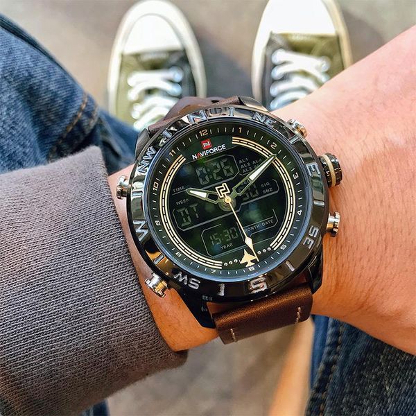 

wristwatches mens sport watches analog digital chronograph military leather quartz wrist watch waterproof clock male reloj hombre, Slivery;brown