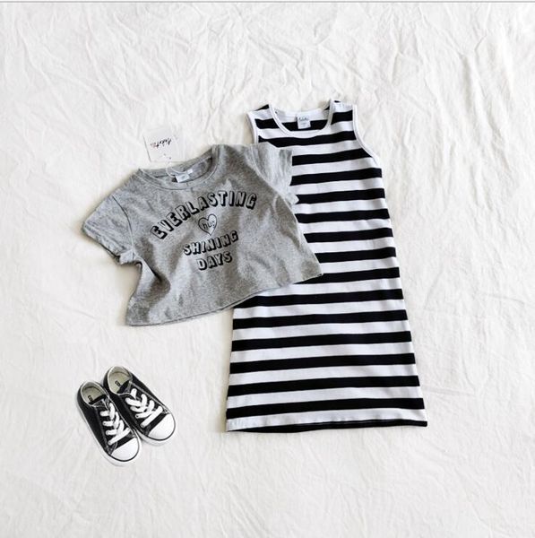 

clothing sets 2021 korea style girls 2 pcs set t shirt+striped skirt summer cotton kids suit 2-8 years yu229, White