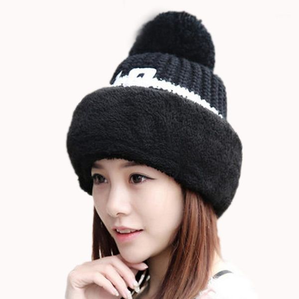 

beanie/skull caps winter women's warm big pompom ball knitted one-piece hats thick velvet windproof print earmuffs cap beanies bonnet n, Blue;gray