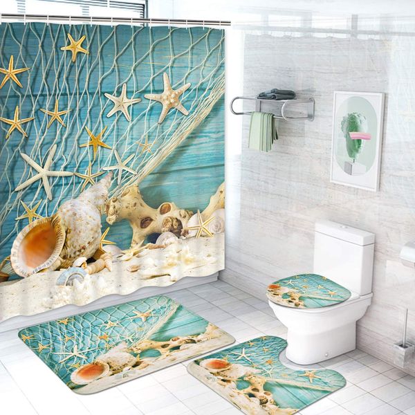 

4 pcs seashell starfish shower curtain sets with non-slip rug, toilet lid cover and bath mat, ocean conch nautical shower