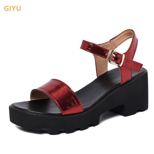 

sandals women's 2021 summer shoes for women genuine leather wedges chunky platform sports ladies fashion one word belt, Black
