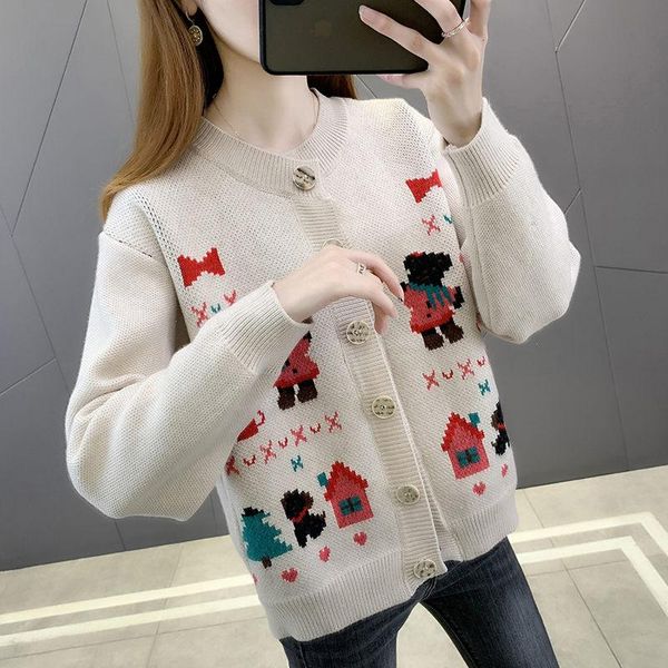 

women's knits & tees cartoon graffiti sweater cardigan jacket women 2021 autumn loose cute jacquard knitted coat fashion single breaste, White