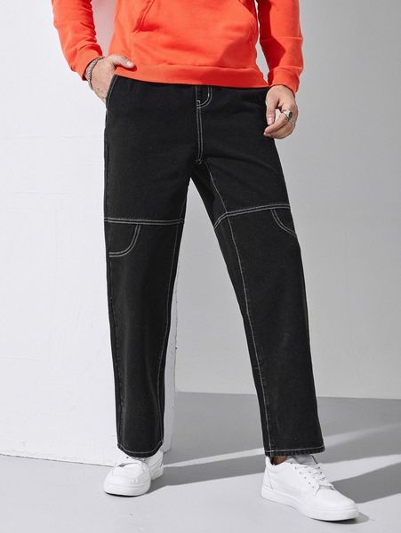 

men drawstring waist contrast stitch jeans h2uw#, Blue