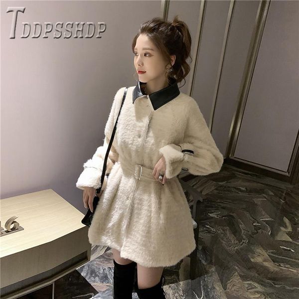 

women's wool & blends 2021 imitation otter fur women coat korean lapel waist strap thin autumn overcoat, Black