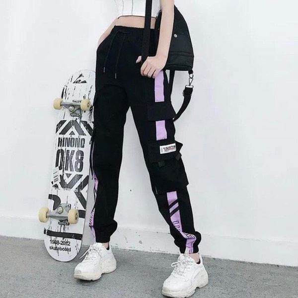 

women's pants & capris women elastic waist streetwear cargo female ankle-length joggers trousers plus size hip hop harajuku egirl cloth, Black;white