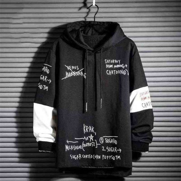 Black Hip Hop Hoodie Мужчины Повседневная Панк Тофровая Уличная Одежда Осень Негабаритный Мужской Мода Лоскутная Капюшона с капюшоном 210728