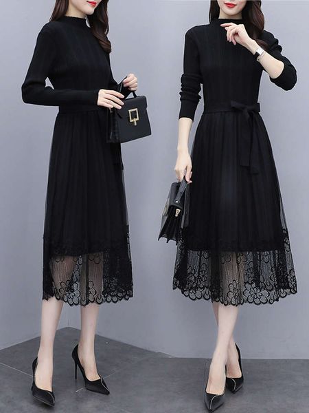 

casual dresses dress autumn women's black mesh lace fake two long sleeve medium length bottomed sweater knitted ctho, Black;gray
