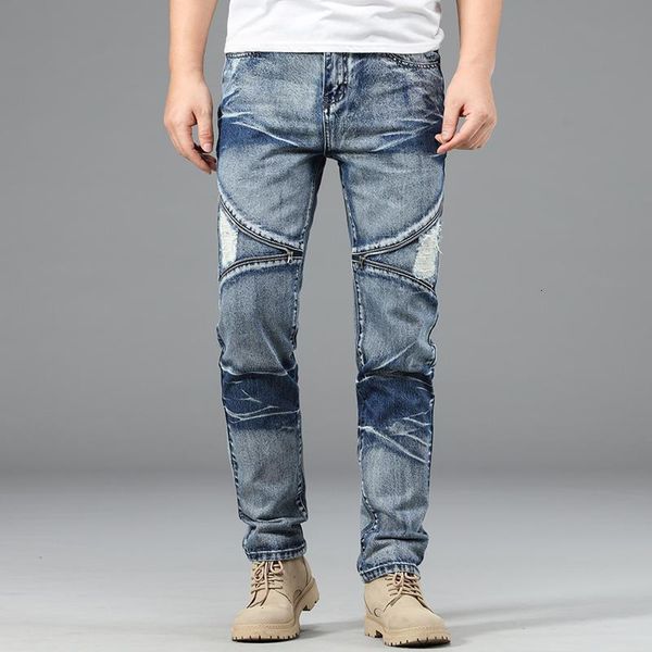 

men's jeans men straight trousers male soft slim fit ripped denim designer casual biker pants pantalon hombre homme jhx9, Blue