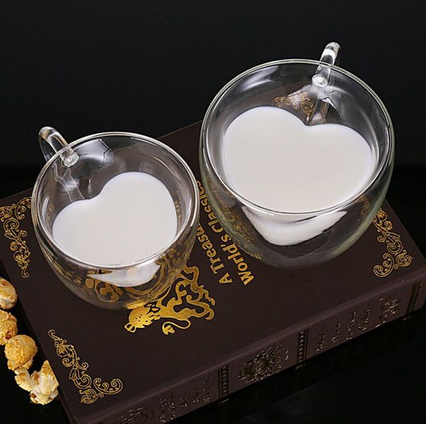 Прозрачный сердечный влюбленный в форме стекла кружка пары чашки двойной стену стекло чашки теплостойкий чай пивные кружки молока кофейная чашка