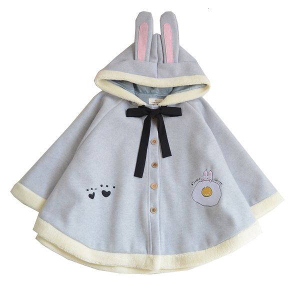 

winter japanese girls hoodies lolita cute cartoon rabbit sweatshirt female wool overcoat kawaii bunny oversized cloak pink, Black