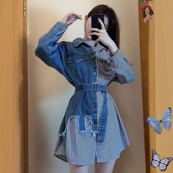 

casual dresses women autumn irregular shirt dress slim patchwork vintage belted button loose long sleeve cowboy vestido femee, Black;gray