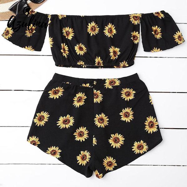 

casual 2 two piece set women sunflower print summer off the shoulder crop shorts zipper 2021 beachwear women's tracksuits, Gray
