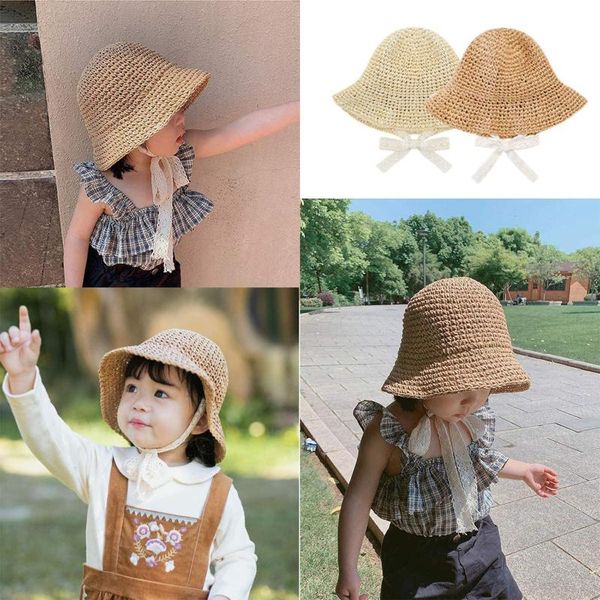 

caps & hats baby girl sun hat children straw summer sunscreen cute princess girls handmade beach female fisherman cap kids beanies, Yellow