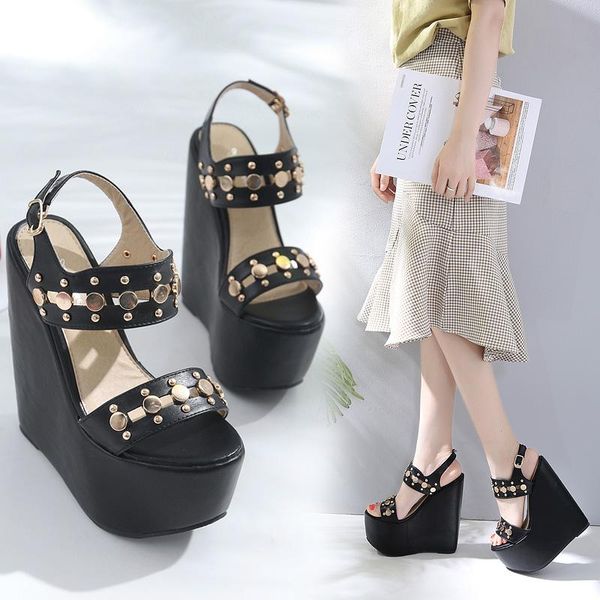

fashion burst nightclub stage catwalk heels 17cm slope with willow nails a word sandals women dress shoes, Black
