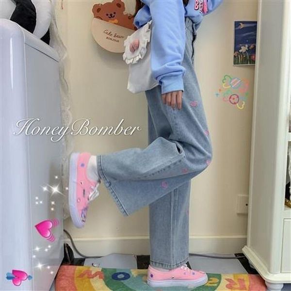 

women's jeans 2021 vintage woman fashion embroidery wide leg pants loose casual sweatshirt high waist baggy women, Blue