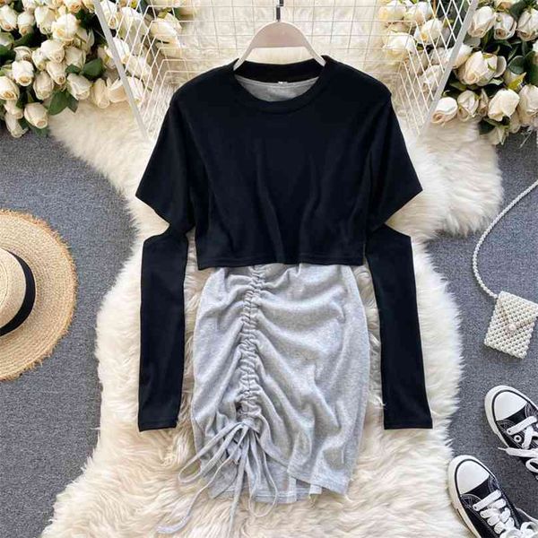 

chic women 2 piece set fashion spring autumn casual streetwear sleeveless mini bodycon dress+long sleeve t-shirts suits 210603, White