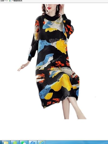 

dress miyake fold o-neck folded print retro long sleeve, Black;gray