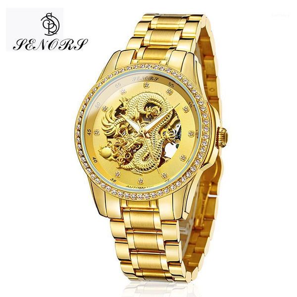 

senors men's watch automatic mechanical wristwatches dragon male clock skeleton watches waterproof relogio masculino, Slivery;brown