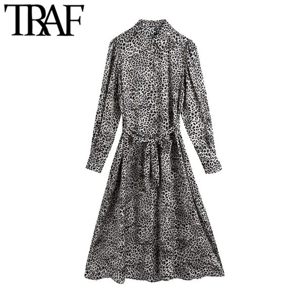 

women chic fashion with belt leopard print midi dress vintage long sleeve button-up female dresses vestidos mujer 210507, Black;gray