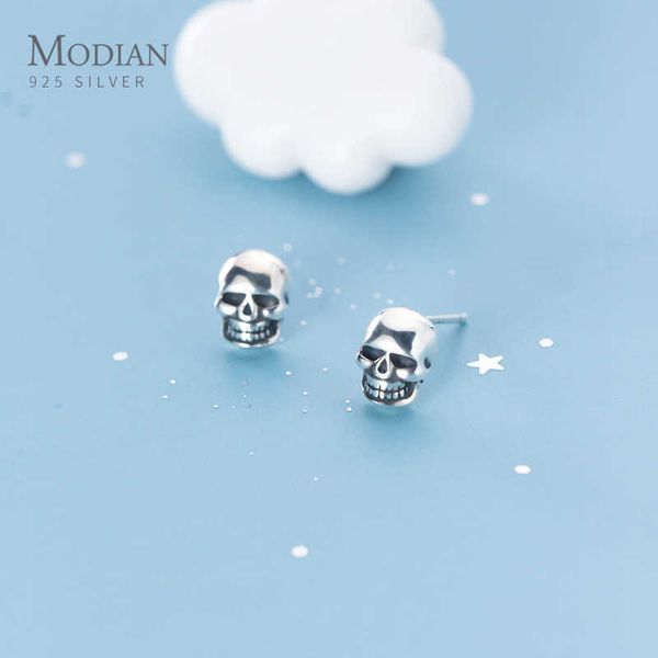 

925 sterling silver creative retro skull stud earring trendy street punk style ear pin for men women fine jewelry 210707, Golden;silver