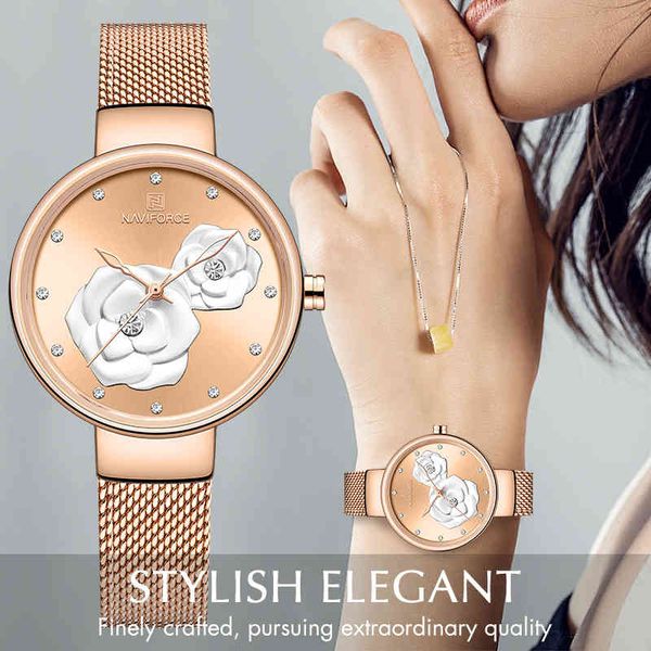 

naviforce women's watches luxury rose gold watch ladies steel mesh band beautiful flower analog female quartz wristwatch girl 210517, Slivery;brown