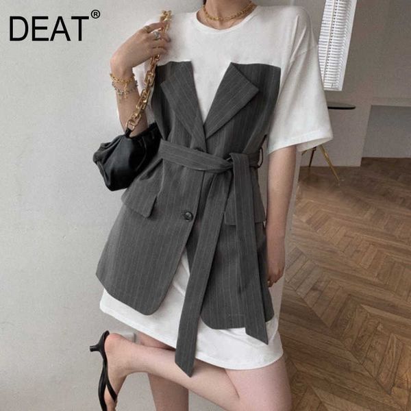 

[deat] summer fashion round neck high waist short sleeve splicing fake two temperament mini dress women 13q172 210527, Black;gray