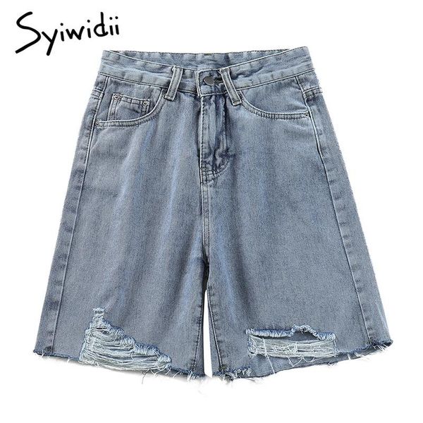 

women's shorts syiwidii hole womens high waisted denim pockets button up straight jeans casual summer 2021 fashion light blue, White;black