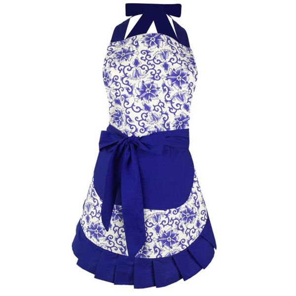 

1pc sleeveless apron cotton blue and white porcelain pattern housework aprons