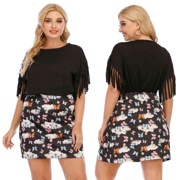 

women's plus size large personalized tassel simple t-shirt round ne f200315