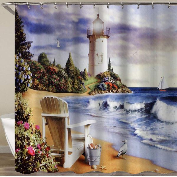 

shower curtain,landscape coastal seashore lighthouse sailing boat on ocean waves wooden chair & bird on beach art