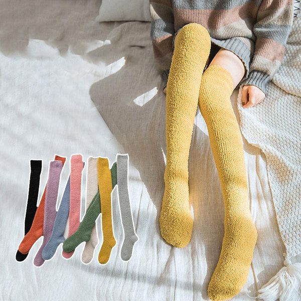 

socks & hosiery winter warm over knee long for women soft coral fleece ladies high solid color home floor thigh, Black;white