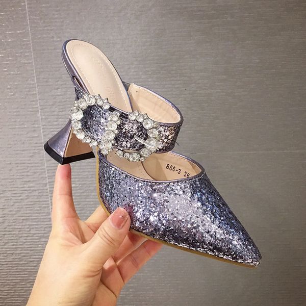 

dress shoes luxury women bling crystal high heel pumps pointed toe slip-on buckle decoration wedding party ladies mules wtm5, Black