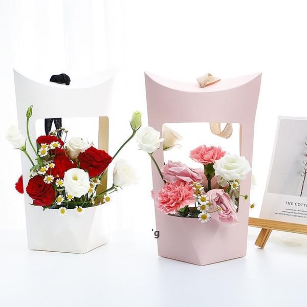 Bolsas de papel de kraft portátil bolsas de presente de presente de flor rosa com alça impermeável Buquê Florista Embalagem do Dia dos Namorados Presentes RRF13789