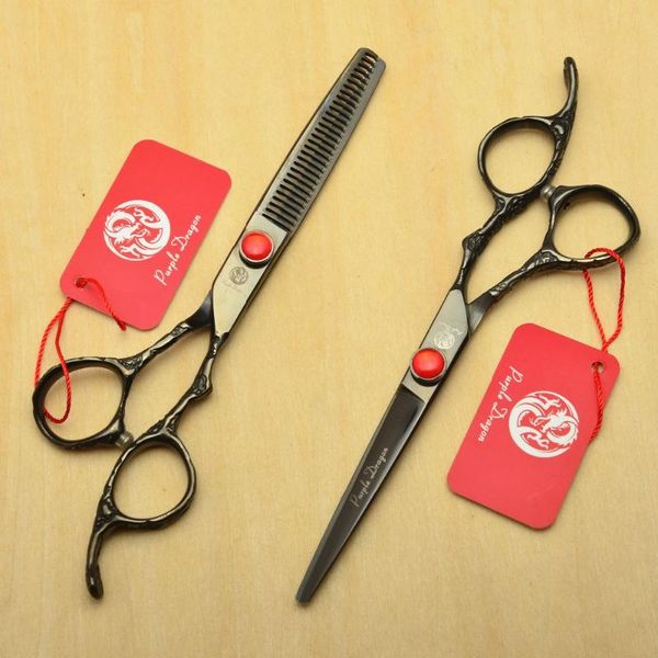

hair scissors 2pcs 9002# 6'' black personalized hairdressing 440c 62hrc cutting + thinning professional human