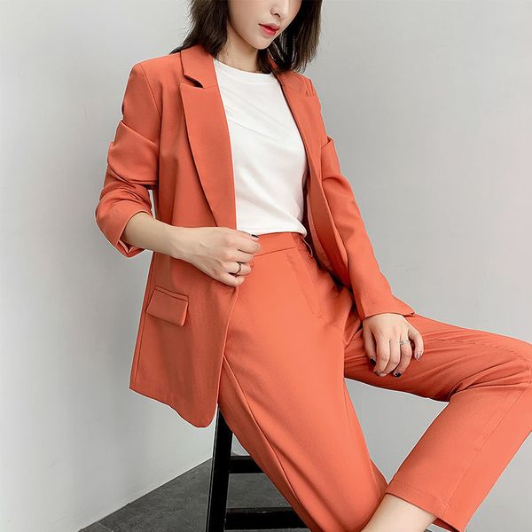 

women single botton work blazer suits ol pants suit notched blazers jackets with trouser two pieces set red pink green 210510, White;black