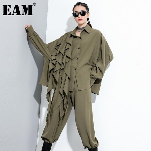 

[eam] wide leg pants ruffles big size two piece suit lapel long sleeve loose fit women fashion spring summer 2021 1z847 women's, White