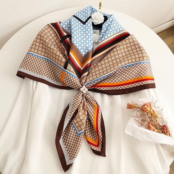 

scarves hijab luxury twill square scarf for women print houndstooth neckerchief female hand bag foulard shawl wrap 2021 bandana, Blue;gray