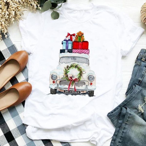 

cartoon truck year trend womens t shirt 90s holiday merry christmas clothes graphic print tee female, White