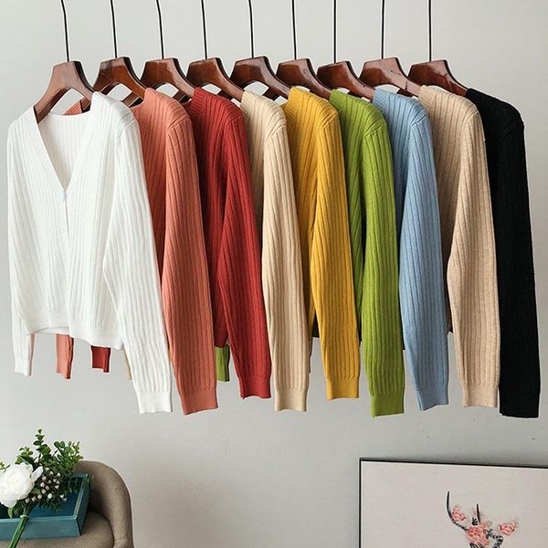 

women's knits & tees women autumn long sleeve sweater cardigan button down cropped jacket sweet solid candy color loose knitted outwear, White