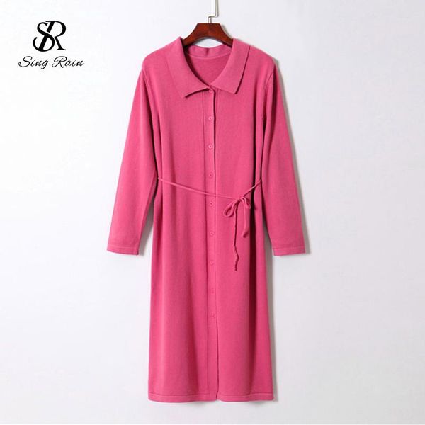 

casual dresses singrain korean knitted dress women turn-down collar lace up long sleeve autumn winter fashion loose sweater 2021, Black;gray