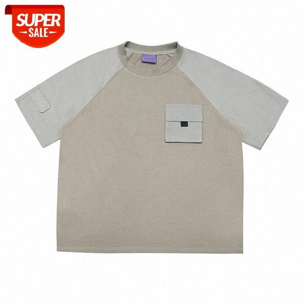 

forn3 pullover short-sleeved japanese retro loose fashion decorative stitching patch pocket t-shirt men #ee4s, White;black