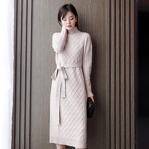 

arrival women autumn & winter fashion soft slim turtleneck sweater dress ladies long knitted with sashes casual dresses, Black;gray