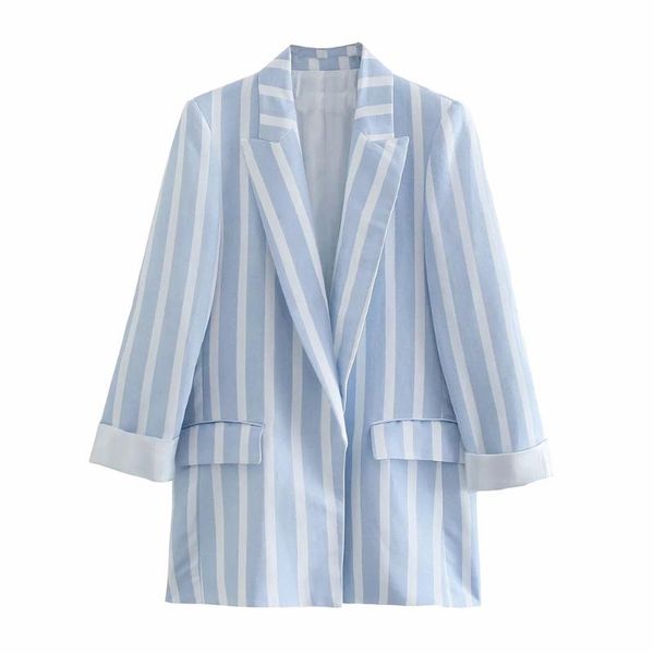 

women's suits & blazers dylqfs 2021 women elegant linen blue stripe long sleeve suit female vintage fashion office lady no buckle blaze, White;black